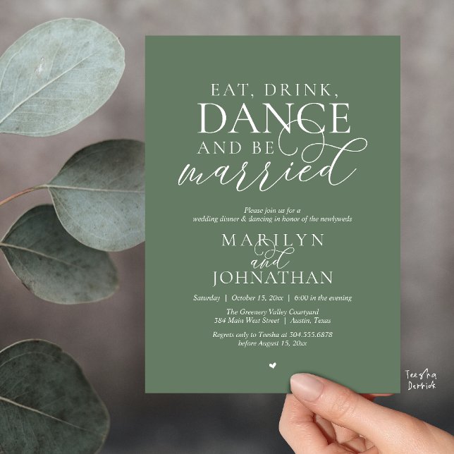 Ät, Drick, Dansa, Var Gift, Bröllopsflykt Inbjudningar (Eat, Drink, Dance, Be Married, Wedding Elopement Dinner Party Invitation Card in sage green)