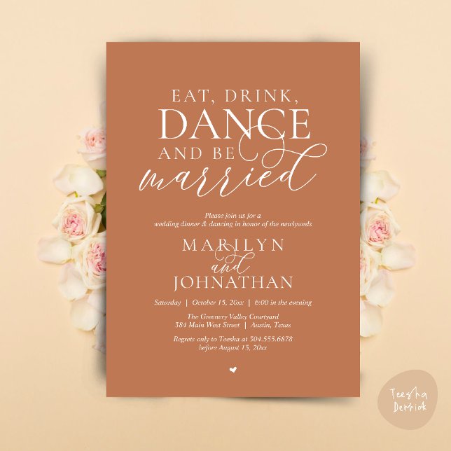 Ät, Drick, Dansa, Var Gift, Bröllopsflykt Inbjudningar (Eat, Drink, Dance, Be Married, Wedding Elopement Dinner Party Invitation Card in copper terracotta)
