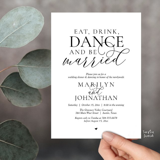 Ät, Drick, Dansa, Var Gift, Bröllopsflykt Inbjudningar (Eat, Drink, Dance, Be Married, Wedding Elopement Dinner Party Invitation Card in Black and White)