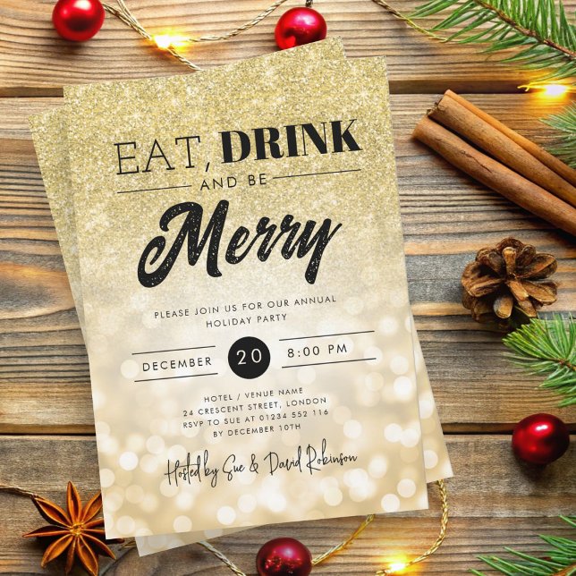 Ät, drick det, Guld Bokeh Helgdag Julafton Inbjudningar (Eat, Drink Be Merry Gold Bokeh Holiday Xmas Invitation)