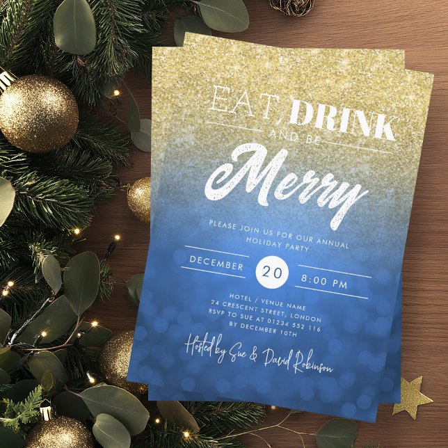 Ät, drick det, Guld Navy Bokeh Helgdag Julafton Inbjudningar (Eat, Drink Be Merry Gold Navy Bokeh Holiday Xmas Invitation)