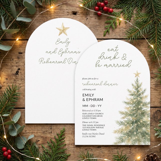 Ät Drick Gifta Valborgs Repetitionsmiddag Inbjudningar (Christmas Tree wedding rehearsal dinner arch shape invitation by Darling & May)