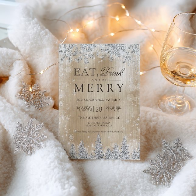 Ät Drick Glatt Guld Silver Julfest Inbjudningar (Eat Drink Merry Gold Silver Christmas party Invitation)