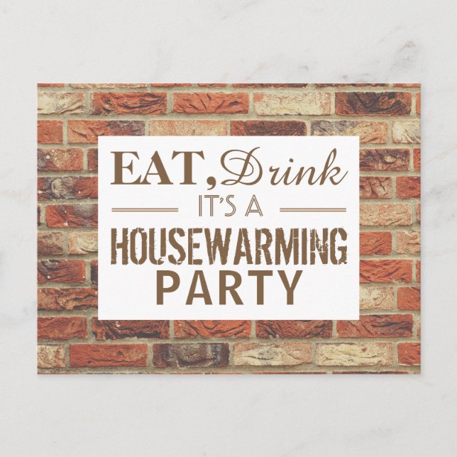 Ät, drick Houseuppvärmning Party Rustic Brick Inbj Inbjudan Vykort (Framsida)