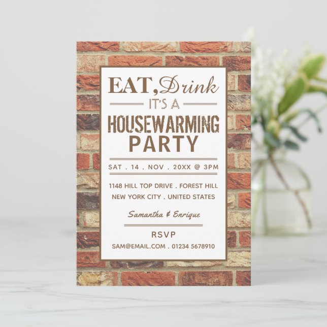 Ät, drick Houseuppvärmning Party Rustic Brick Inbj Inbjudningar (Stående Fram)