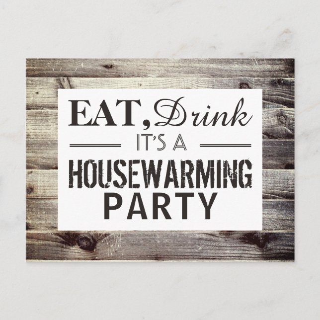Ät, drick Houseuppvärmning Party Rustic Wood Inbju Inbjudan Vykort (Framsida)