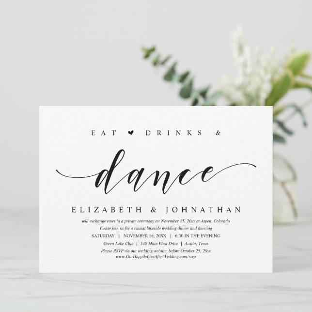 Ät, drick och dans, bröllopsfirande för elopement- inbjudningar (Stående Fram)