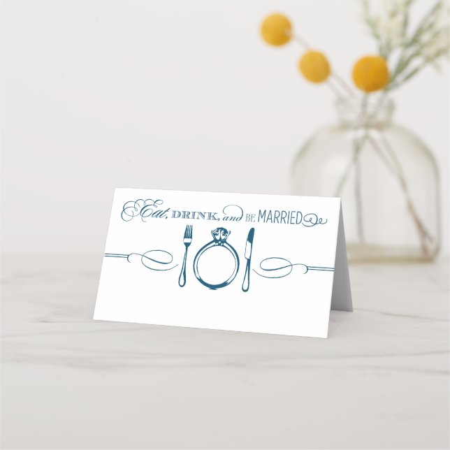 Ät, drick och var gift - Marinblå vigselmonogram Placeringskort (Framsida)