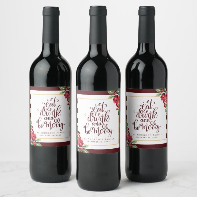 Ät, drick och var glad - Blommig högtidsfest Vinflaska Etikett (Flaskor)