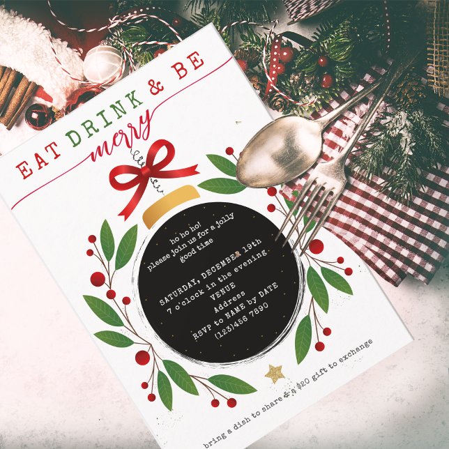 Ät, drick och var glad julfest potluck inbjudningar (Modern Eat Drink and Be Merry Christmas Bauble Potluck Invitation Church Family Office Xmas Parties)