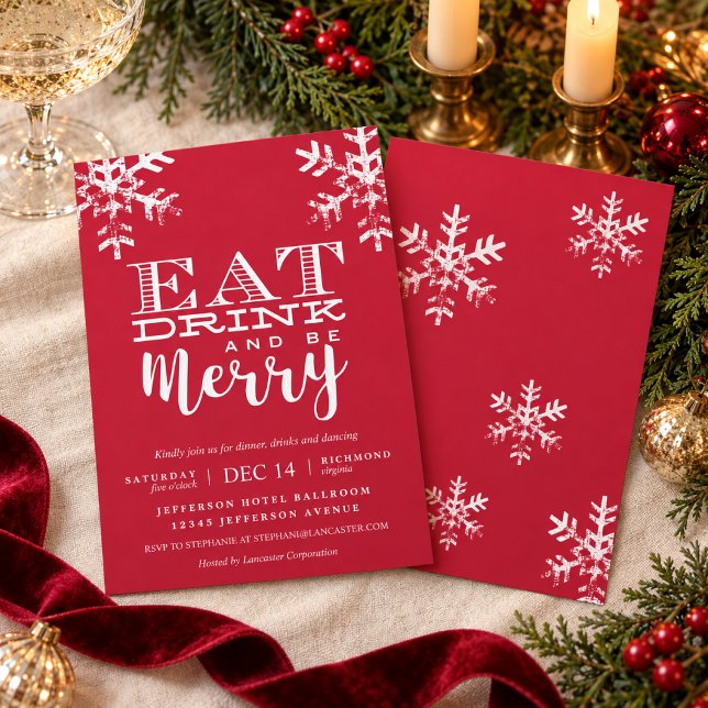 Ät, drick och var glad röda snöflinga jul  inbjudningar (Set a festive, celebratory tone for your holiday with this rustic "Eat Drink and Be Merry" invite.)