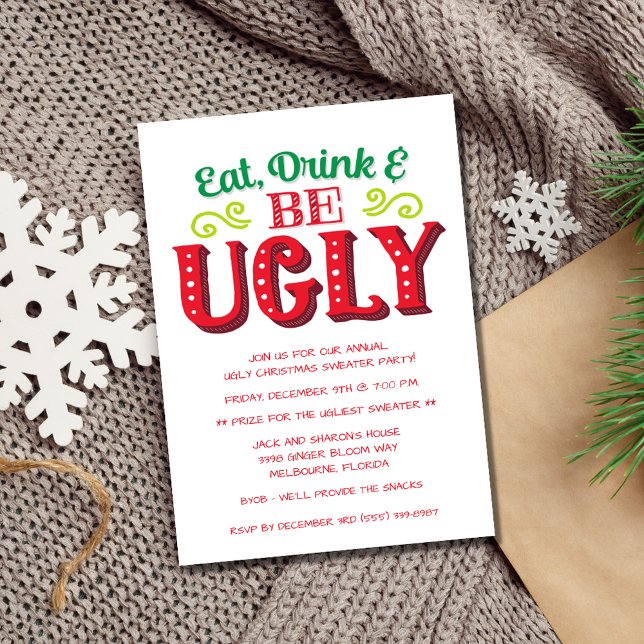 Ät, drick och var god julsötare Party Inbjudningar (Eat, Drink and Be Ugly Christmas Sweater Party Invitation)