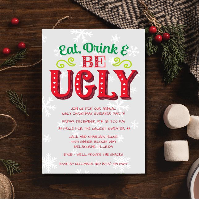 Ät, drick och var god julsötare Party Inbjudningar (Eat, Drink and Be Ugly Christmas Sweater Party Invitation)