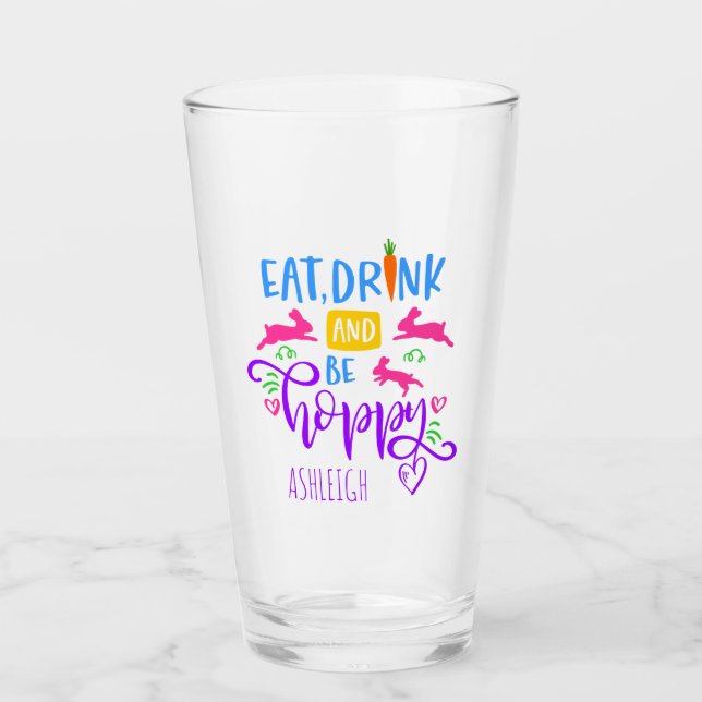 Ät drick och var Hoppy Bunny Modern Påsk Helgdag Glaskopp (Framsida)
