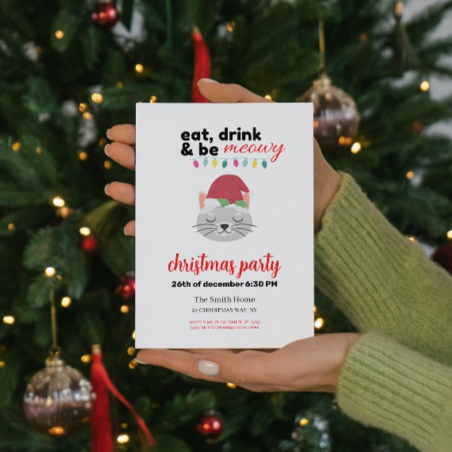 Ät Drick och var Meowy Tecknad Santa Cat jul Inbjudan (Skapare uppladdad)