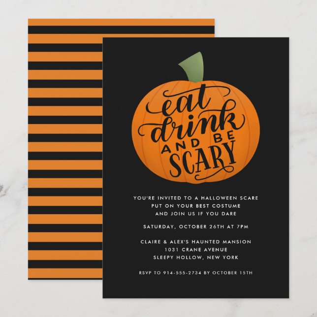 Ät, drick och var scär Pumpkin Halloween fest Inbjudningar (Fram/baksida)