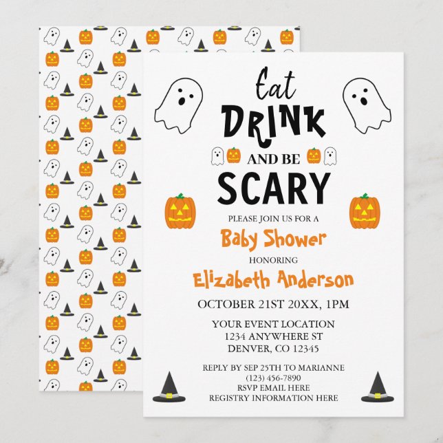Ät, drick och var scary Halloween Baby Shower Inbjudningar (Fram/baksida)