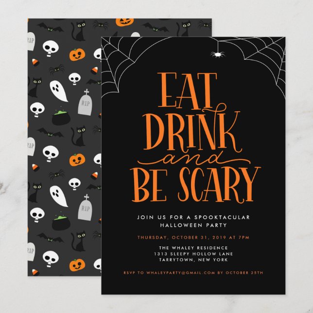 Ät, drick och var scary Halloween fest Inbjudningar (Fram/baksida)