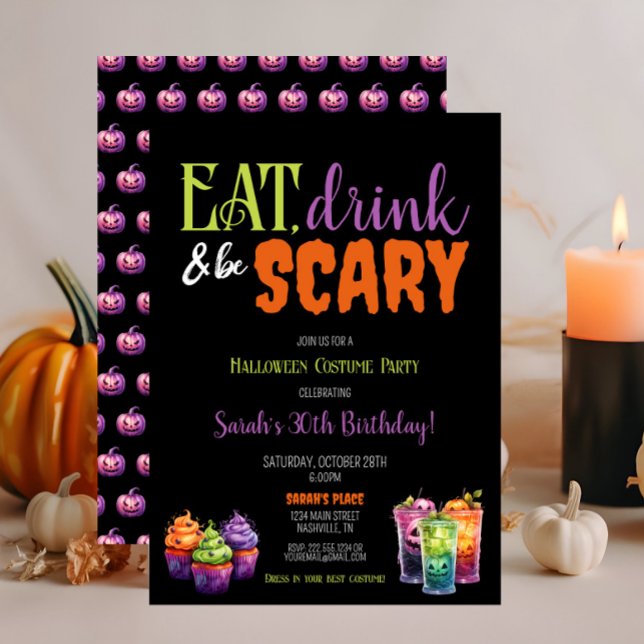 Ät, drick och var scary Halloween-Födelsedagsfest Inbjudningar (Eat, Drink & Be Scary Halloween Party Invitation, Creepy Food & Drink Theme, Pumpkins, Purple Orange)