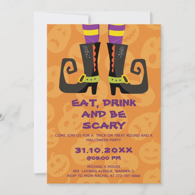 Ät Drick och Var Skräckinjagande Halloween Blockfe Inbjudningar (Framsida)