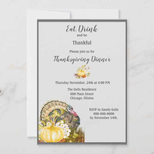 Ät Drick och Var Tacksam Thanksgiving Middag Inbjudningar (Framsida)