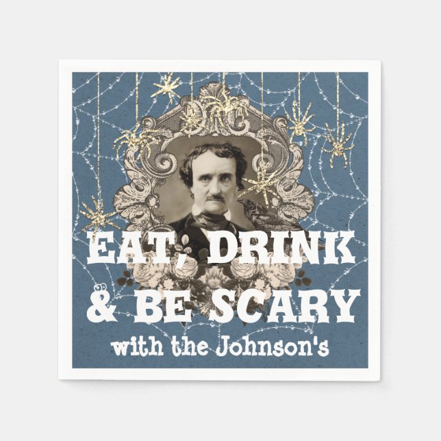 Ät Drick Skräckig Spindel Halloween Kraft Webb Blå Pappersservett (Framsidan)