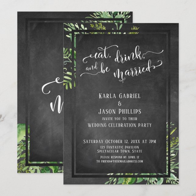 Ät, Drick & Var Gift Greenery & Kritskrift Inbjudningar (Fram/baksida)