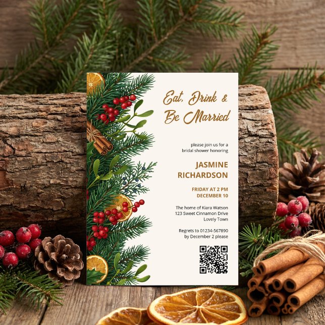 Ät Drick Var Gift Vinterkryddor Botanisk Inbjudningar (Winter Bridal Shower Invitation with festive greenery and spiced fruit by Darling & May)