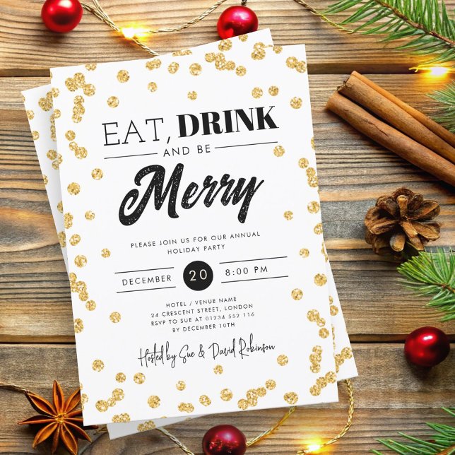 Ät, drick, var god Guld Glitter Helgdag Julafton Inbjudningar (Eat, Drink Be Merry Gold Glitter Holiday Xmas Invitation)
