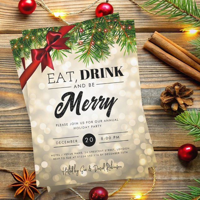 Ät, drick, var god Guld Gräs Ljus Helgdag Inbjudningar (Eat, Drink Be Merry Gold Pine Lights Holiday Xmas Invitation)