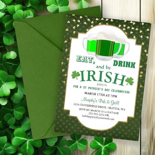 Ät, drick, var iriska St Patrick-bjudan. Inbjudningar (Eat, Drink, Be Irish St Patrick's Party Invitation)