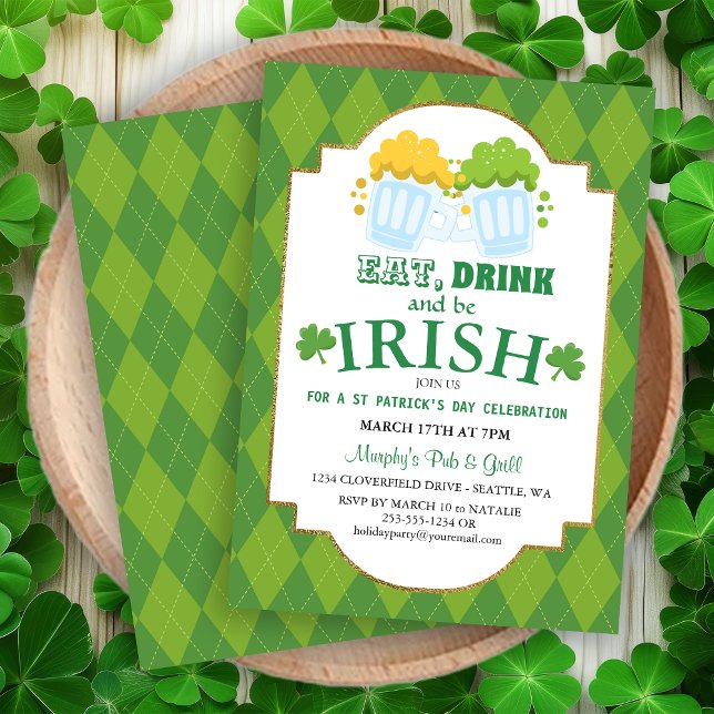 Ät, drick, var iriska St Patrick-bjudan. Inbjudningar (Eat, Drink, Be Irish St Patrick's Party Invitation)