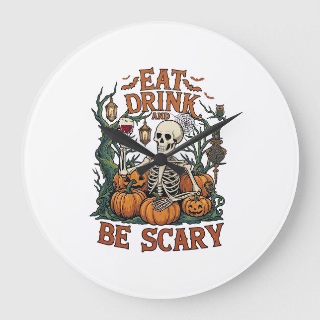Ät Drick Var Rädslig Skelett Halloween Pumpa_1 Stor Klocka (Framsida)