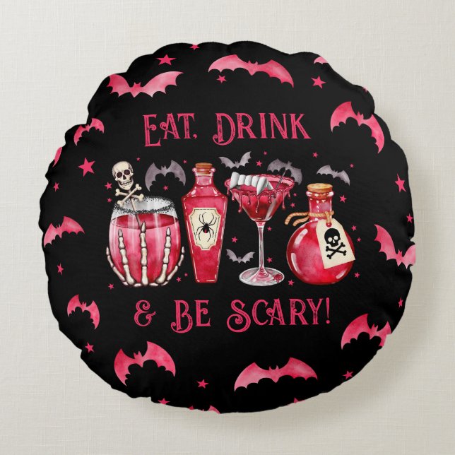 Ät dricka och var scary Halloween Cocktails Rund Kudde (Framsidan)