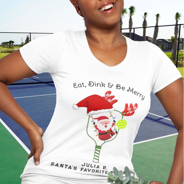 Ät Drink & Be God jul Pickleball Team T Shirt (Funny Christmas Pickleball Team Partner Design. Santa Hat Reindeer Antlers, Christmas Lights)
