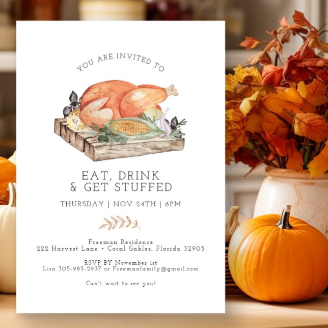 Ät Drink Get Stuffed Thanksgiving Inbjudan (Simple Watercolor Thanksgiving Invitation)