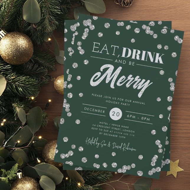 Ät Drink Merry Silver Grönt Glitter Helgdag Inbjudningar (Skapare uppladdad)