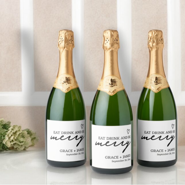 Ät dryck är en minimalistisk typografi Bröllop (Eat Drink Be Merry Minimalist Typography Wedding Sparkling Wine Labels from Ricaso. Black and white )