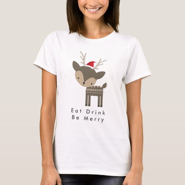 Ät dryck Bär God jul Hjort i Red Santa Hat T-shirt (Framsida)