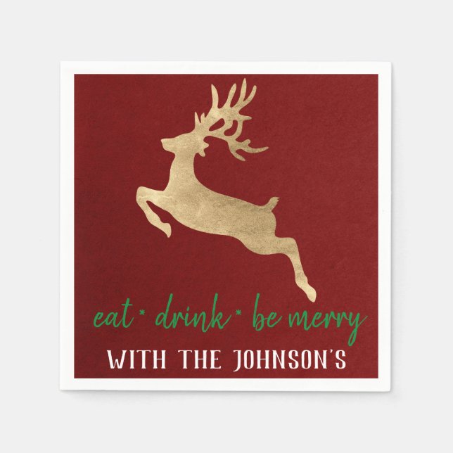Ät dryck Behåll Merry Guld Reindeer Burgundy White Pappersservett (Framsidan)
