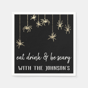 Ät dryck Bläck Guld Hanging Spiders Halloween Pappersservett