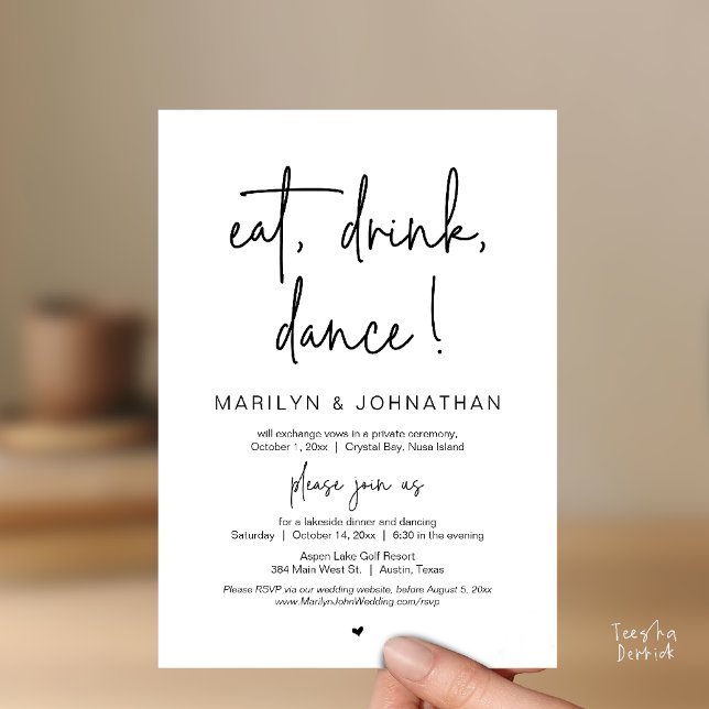 Ät, dryck, dans, Bröllop Elopement Middag Party Inbjudningar (Eat, Drink, Dance, Wedding Elopement Dinner Party Invitation Card in Black White)