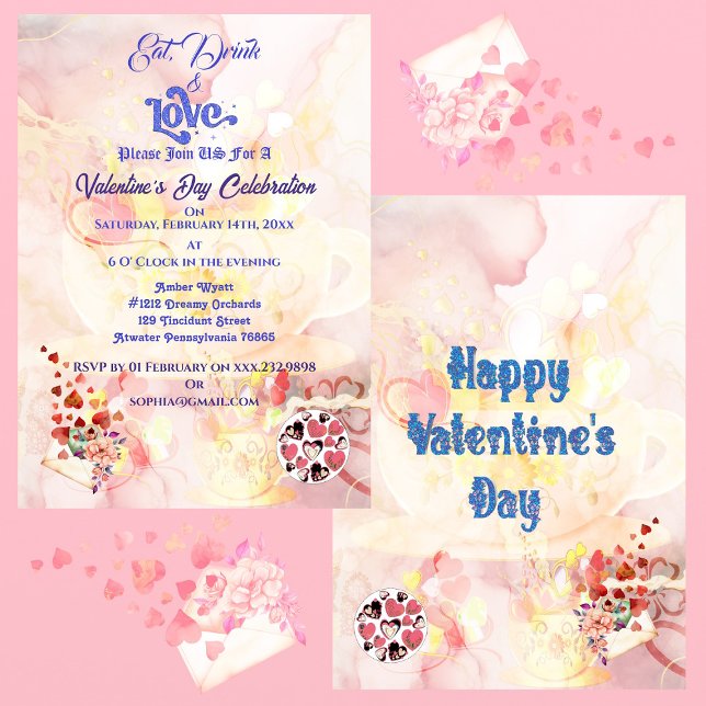 Ät dryck & Kärlek Heart Valentines day Firande Inbjudningar (Eat Drink & Love Heart Valentines Day Celebration Invitation)