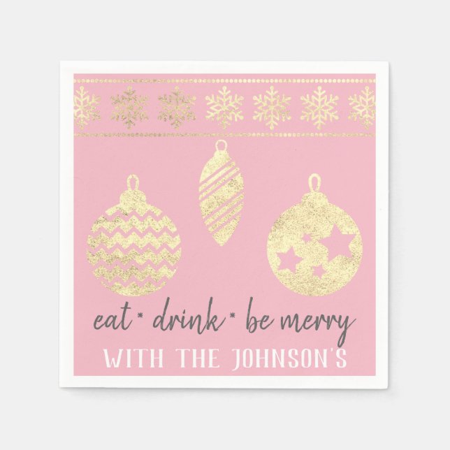 Ät dryck Mera Rosa Vita Guld Snöflingor Pappersservett (Framsidan)