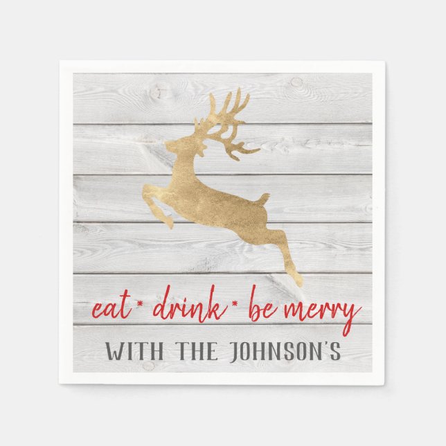 Ät dryck: Merry Red Guld White Wood Rendeer Pappersservett (Framsidan)