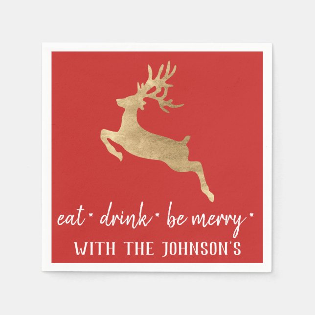 Ät dryck: Merry Red White Guld Reindeer Pappersservett (Framsidan)