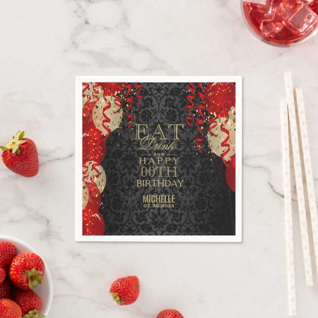 Ät, dryck och Lycklig 90:e födelsedagen - Röd ball Pappersservett (Insitu)