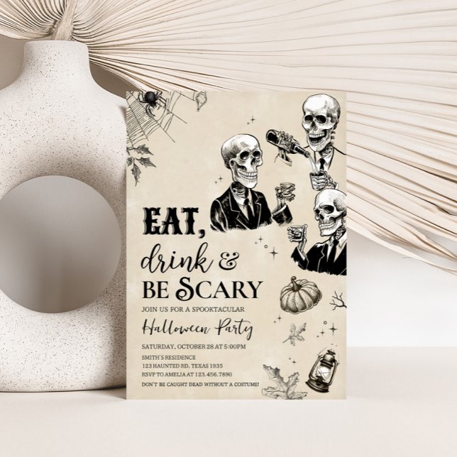 Ät dryck och Skal Halloween fest Inbjudningar (Eat Drink and Scary Gothic Skull Halloween Party Invitation)