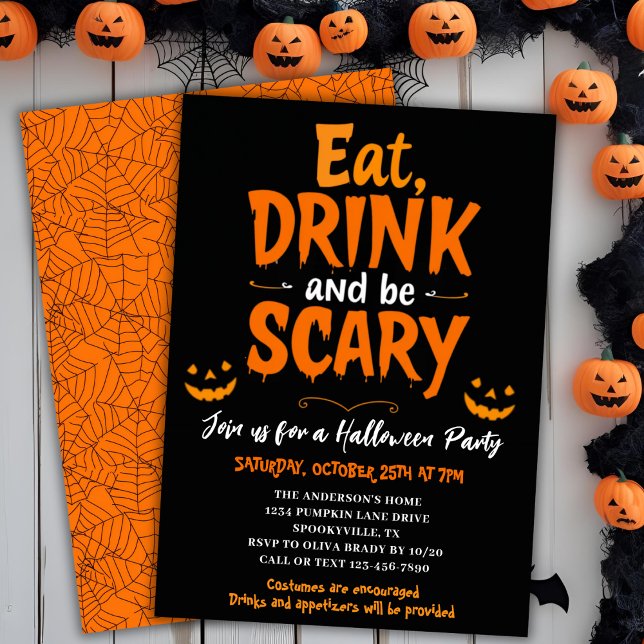 Ät dryck och var försiktig och fixerad Halloween f Inbjudningar (Eat Drink & Be Scary Festive Halloween Party Invitation)