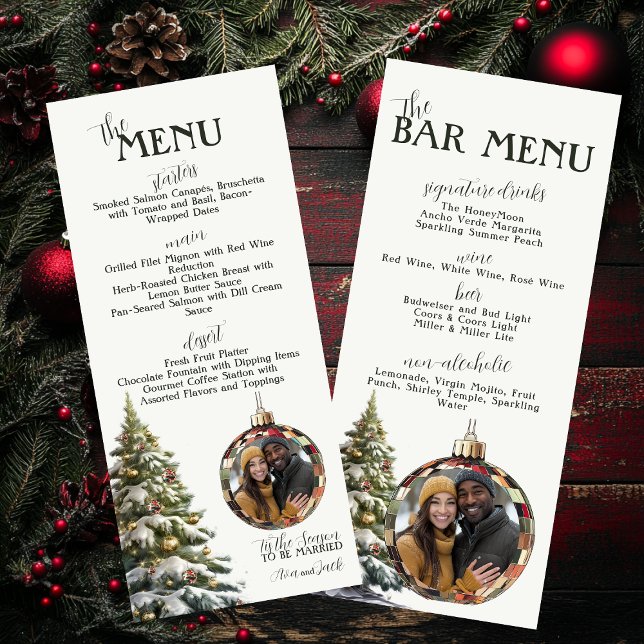 Ät, dryck och Var God jul Bröllop Meny (Wedding Menu & Bar Menu for Christmas Wedding with Personalized Ornament Photo)